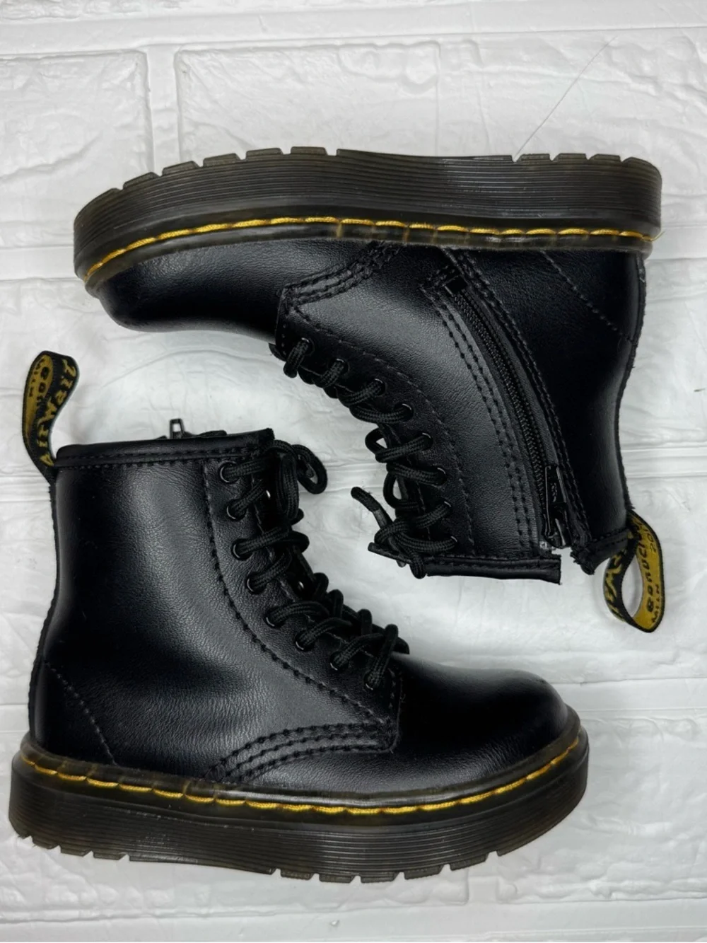 Dr. Martens Toddler US8 Kids Black Leather Lace-Up Boots with Yellow Stitching